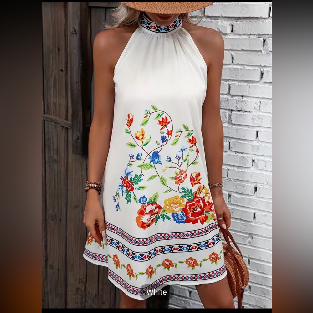 Vintage Floral Print Dress, Casual Tie Back Sleeveless Dress, - Picture 5 of 8